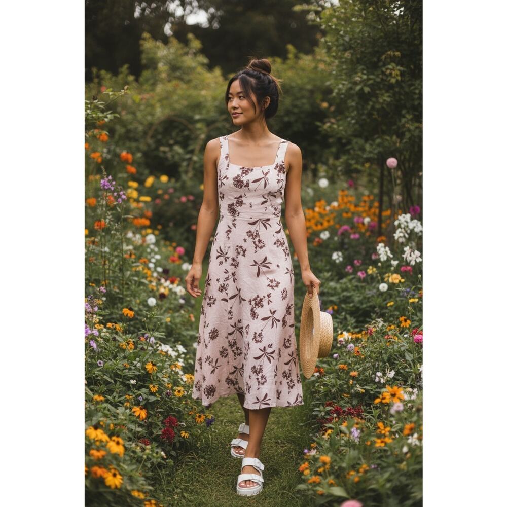 WAYF Womens Leonie Floral Corset Midi Dress Sz Medium Baby Pink